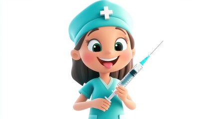 Cute nurse cartoon character wearing a nurse cap, holding a syringe, smiling brightly, isolated on a white background.