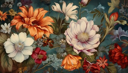 A beautiful fantasy vintage wallpaper adorned with various botanical flower bunches, featuring a vintage motif ideal for floral print digital backgrounds