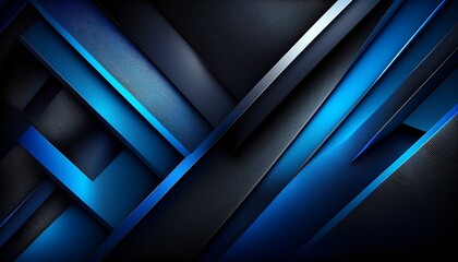Obraz premium A black and blue abstract modern background design features geometric shapes with a 3D effect, highlighted by diagonal lines, stripes, and triangles. Its gradient, light glow