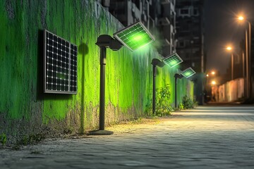 Nighttime scene with solar-powered street lamps illuminating green wall on urban sidewalk, showcasing sustainable city lighting solution.