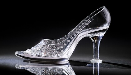 A crystal glass slipper, reminiscent of a fairytale, embodies elegance and grace with its delicate design, featuring a slender heel for a touch of sophistication