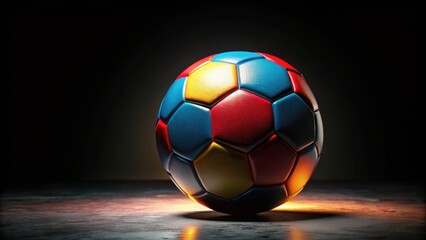 Fototapeta premium A solitary, brightly lit, official-sized soccer ball with textured panels and vibrant colors stands out against a sleek, dark, and minimalist black background.