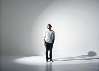 Obraz premium A solitary figure stands centered against a pure white backdrop, casting a subtle shadow, with minimal facial expression, and relaxed posture, evoking a sense of calm serenity.