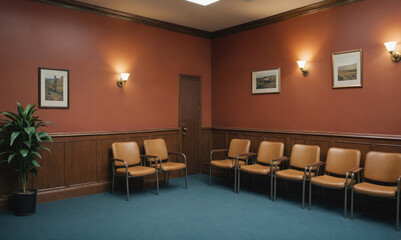 Fototapeta premium A waiting room with several brown chairs and a plant in a corner