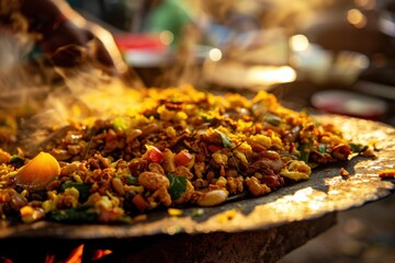 A vibrant, close-up photo of freshly made Kottu Roti with a mix of vegetables, eggs, and meat, on a wooden table