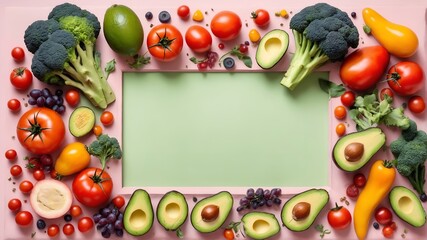 Variety of vegetables and fruits. Top view with blank copy space for text.