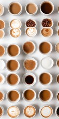 Different types of coffee in cups on white table, top view Generative AI