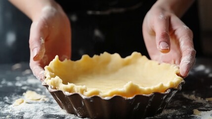 preparing the top of a flaky pie crust. Women's hands making the pastry for a dessert