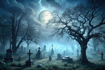 A spooky eerie landscape featuring a graveyard of skeletons against a dark moonlit sky with twisted bare trees and foggy misty atmosphere.
