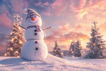 Obraz premium Snowman in the winter forest at sunset. Christmas and New Year background, Ai Generated