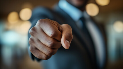 Businessman showing his fist forward symbolizes a fist bump signifying an agreement, showcasing strength in teamwork, and concluding negotiations.