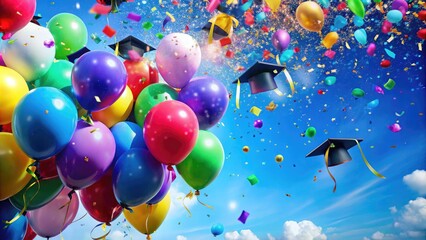 A vibrant and colorful graduation-themed background featuring balloons, confetti, and festive decorations set against a bright blue sky with subtle texture and depth.