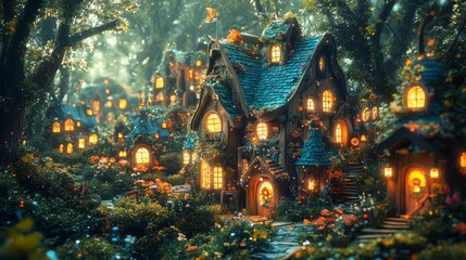 Fototapeta premium Fairy tale houses in a magical forest at dusk