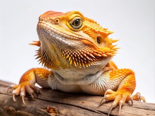 Obraz premium A vibrantly colored bearded dragon with spiky scales and a curious expression perches on a branch against a crisp, pure white studio background.