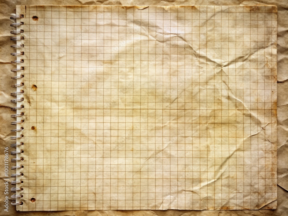 Poster a vintage-inspired notebook page with worn edges, crinkled texture, and faint grid lines serves as a