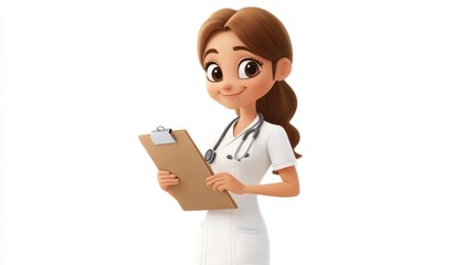 Cute nurse cartoon character with a stethoscope and clipboard, smiling confidently, isolated on a clean white background.