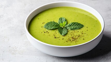 Creamy Green Pea Soup Garnished with Fresh Mint and Black Pepper in a White Bowl