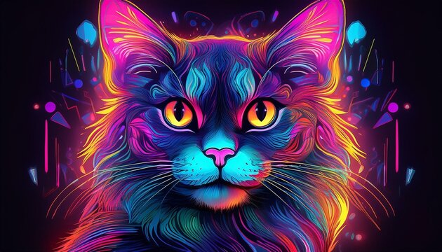 An abstract illustration of a neon cat depicts a feline rendered in vibrant neon hues. This artistic interpretation brings a modern and eye-catching twist to the traditional image of a cat