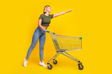 Full size photo of nice girl dressed crop top look at sale empty space hold shopping cart raising...