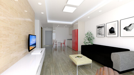 modern living room interior,  3d illustration of interior design of modern living room and dining room with sofa, tv stand and lounge bed