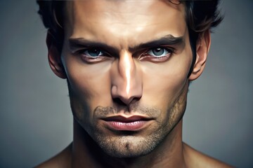Obraz premium Close-up of a strong, toned male face with pronounced facial muscles, accentuating defined cheekbones, chiseled jawline, and prominent forehead, conveying intensity and determination.