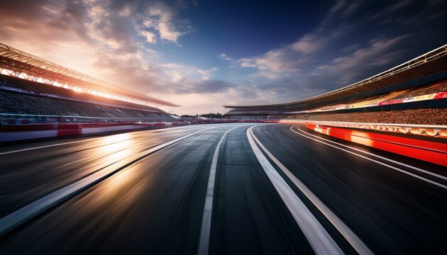 An F1 race track circuit road, depicted with motion blur, features a grandstand stadium, setting the stage for exhilarating Formula One racing events
