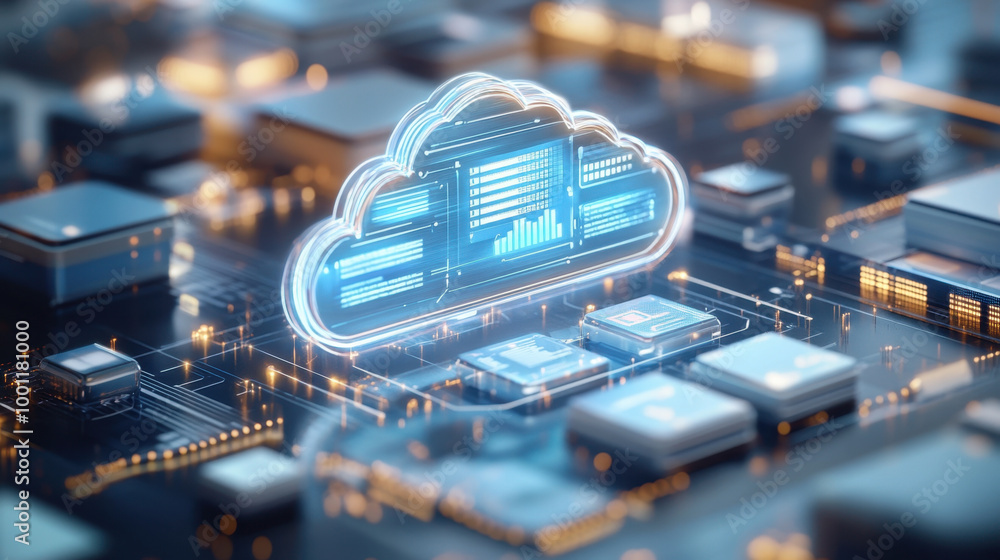 Poster cloud file integration, a striking holographic interface depicts the process of file integration acr