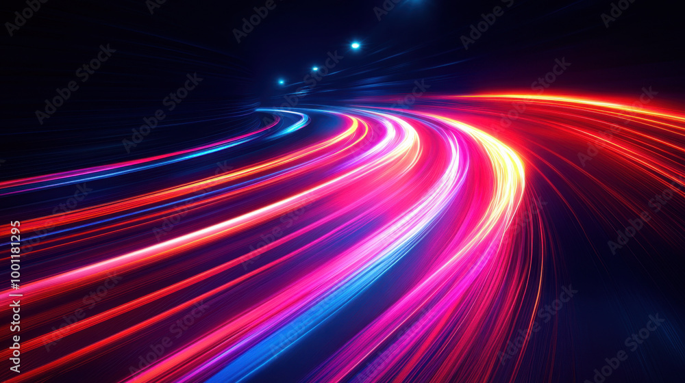Poster neon background, curved neon lines dominate the background, flowing gracefully across a dark canvas.