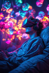 VR in entertainment, Gamer with VR headset, seated on a cozy bean bag, intensely engaged with vibrant virtual creatures swirling around. The room is illuminated with neon lights,