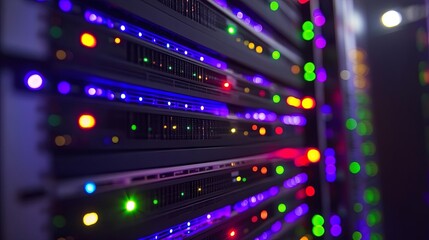 Obraz premium Rows of servers with blinking lights connected wirelessly, complex data center networks.