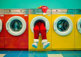 Fun scene Santa Claus get stuck in the washing machine for New Year.