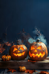 Still life with two shining carved Halloween pumpkins on wooden board surface and background. Concept of Halloween celebration, Trick or Treat and season.