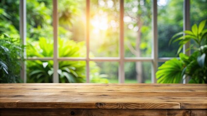 Wood table top with a blurred window and green plants background