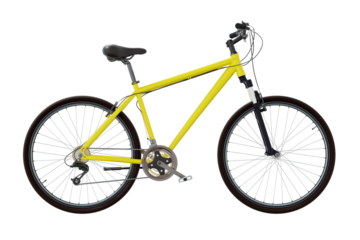 Yellow bicycle, side view. Black leather saddle and handles. Png clipart isolated on transparent background