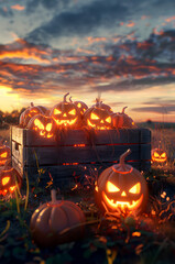 Fototapeta premium Group of shining carved Halloween pumpkins lying in the wooden box on a harvested field in autumn with sunset. Concept of Halloween celebration, Trick or Treat and season.