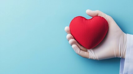 Fototapeta premium Doctor holding red heart symbolizing blood donation A doctor wearing a glove holds a red heart, symbolizing healthcare, blood donation, and heart health on a blue background