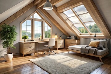 Obraz premium Cozy bedroom loft with plush area rug, sleek wooden dresser, and minimalist desk underneath vaulted ceiling, surrounded by glass windows and soft natural light.
