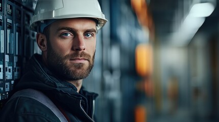 Industrial engineer inspecting wiring at a high-tech construction site