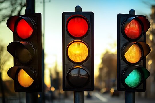Traffic light illustration in flat design. Red light, yellow light and green light.