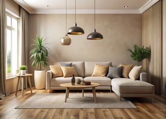 Cozy minimalist living room interior with soft beige walls, dark wooden floor, comfortable couch, and elegant pendant lamp creating a warm inviting atmosphere.