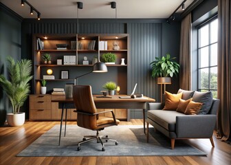 Cozy modern living room doubles as a home office, with a sleek desk and chair amidst comfortable furniture, set against a dramatic dark background.