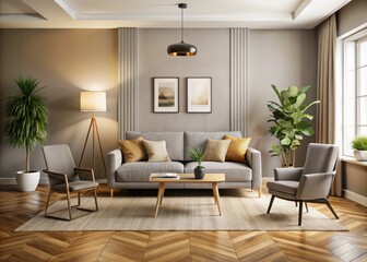Cozy modern living room interior with sleek grey sofa, cream-colored armchair, and gleaming hardwood floor, ideal for virtual meeting or video conferencing backgrounds.