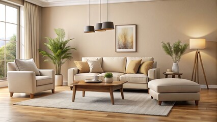 Cream-colored slipcovers adorn sleek, modern living room furniture, including a sofa, armchair, and ottoman, set against a neutral beige background with subtle texture.