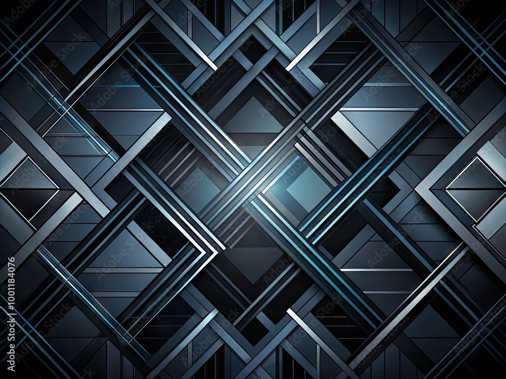 Poster dark abstract geometric pattern of intersecting lines and shapes in various shades of black, creatin
