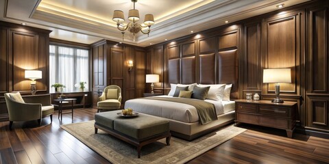 Luxurious hotel room with elegant dark wood paneling and modern decor