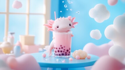 Cute Axolotl in Bubble Tea