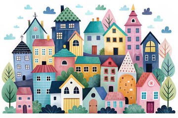 Fototapeta premium Whimsical houses in different colors with trees and clouds, illustration