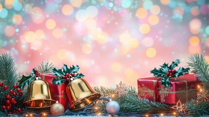 Christmas greeting card template bell, gift box and pine branches on bokeh background. perfect for holiday banners, cards, or marketing materials