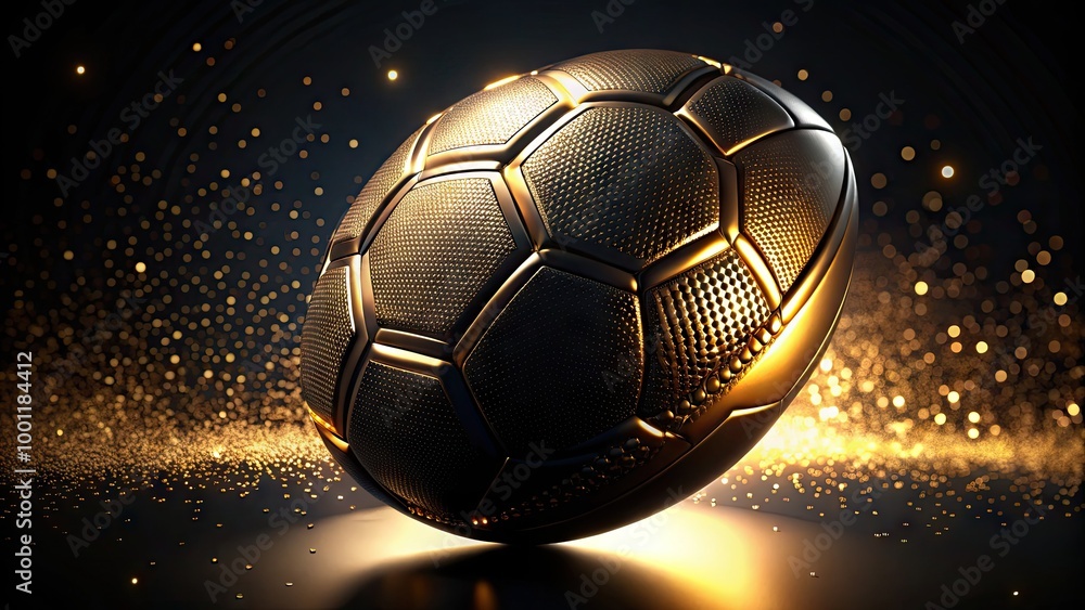 Poster dark background with hints of golden light, featuring a large football-shaped design element in shim