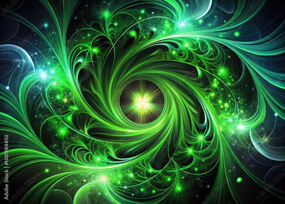 Poster dark black background with subtle gradient effect, accented by vibrant green swirling patterns, crea